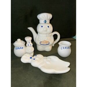 Vintage 1990s Pillsbury Doughboy Ceramic Teapot w/Cream & Sugar, Spoon Rest